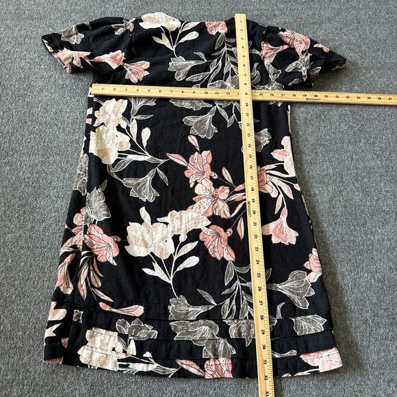 Nicole Miller Dress Womens Small Linen Black Floral A Line Tiered Trim V Neck - Picture 8 of 8